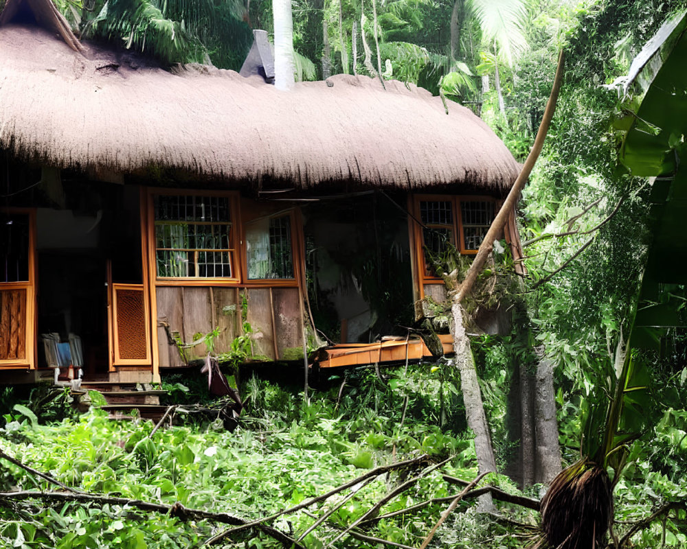 Traditional Thatched-Roof House in Lush Greenery