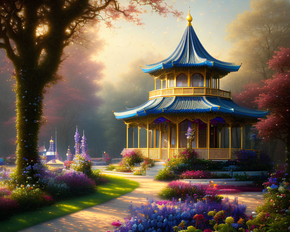 Traditional Asian-style pagoda in lush garden with blooming flowers and warm sunlight.