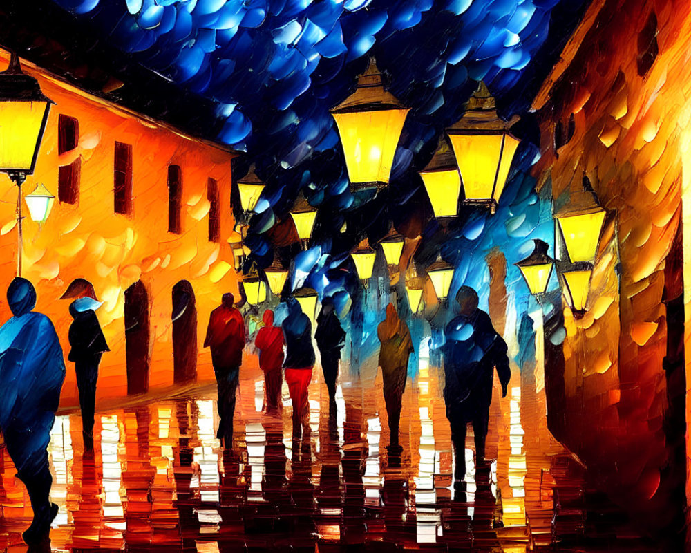 Vibrant Impressionist Painting of People with Umbrellas on Wet Street