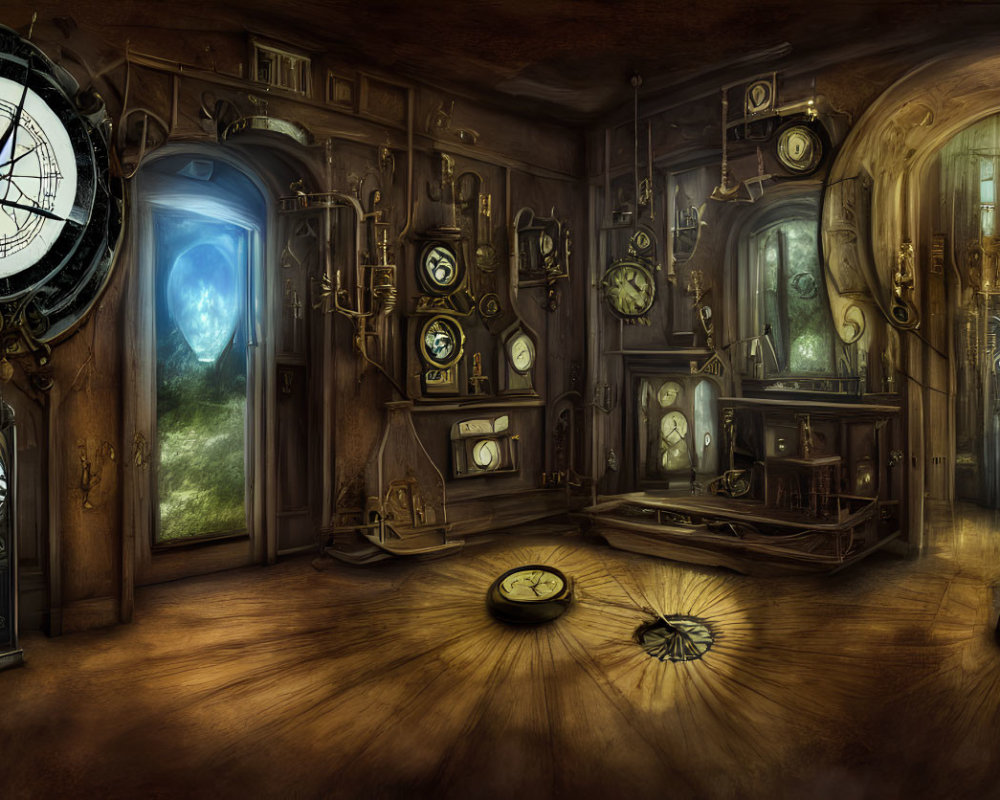 Dimly Lit Steampunk Room with Vintage Clocks and Underwater Portal