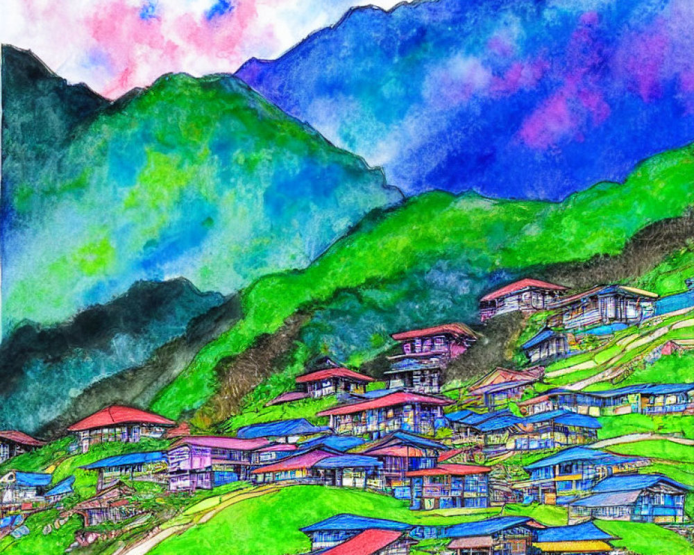 Colorful watercolor painting of mountain village in lush green hills