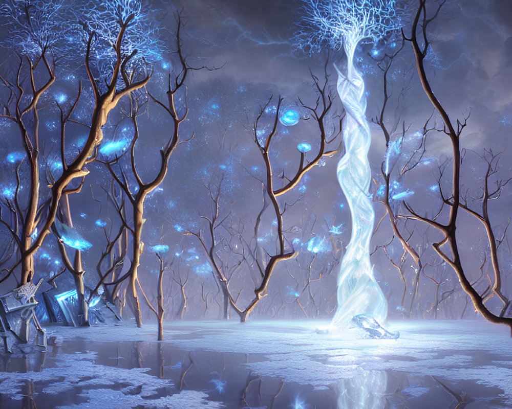 Enchanting winter forest with glowing blue trees and central luminous structure