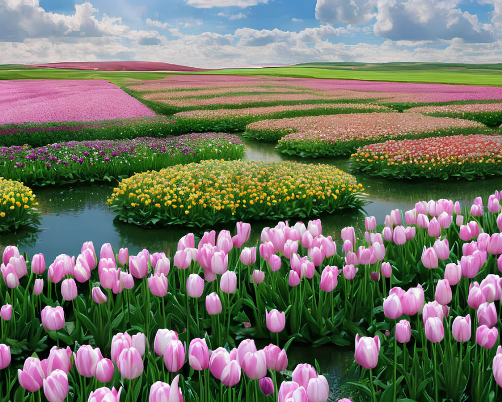 Colorful blooming tulip fields with pathways under blue sky