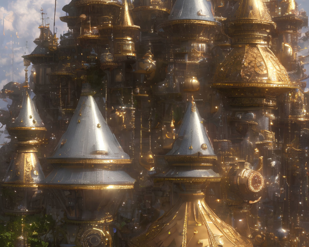 Golden city with intricate towers and spires gleaming in warm light