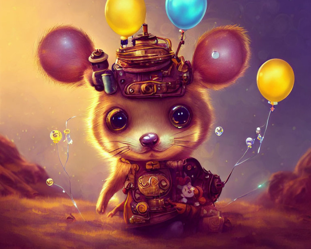 Anthropomorphic mouse in steampunk attire with balloons in golden landscape