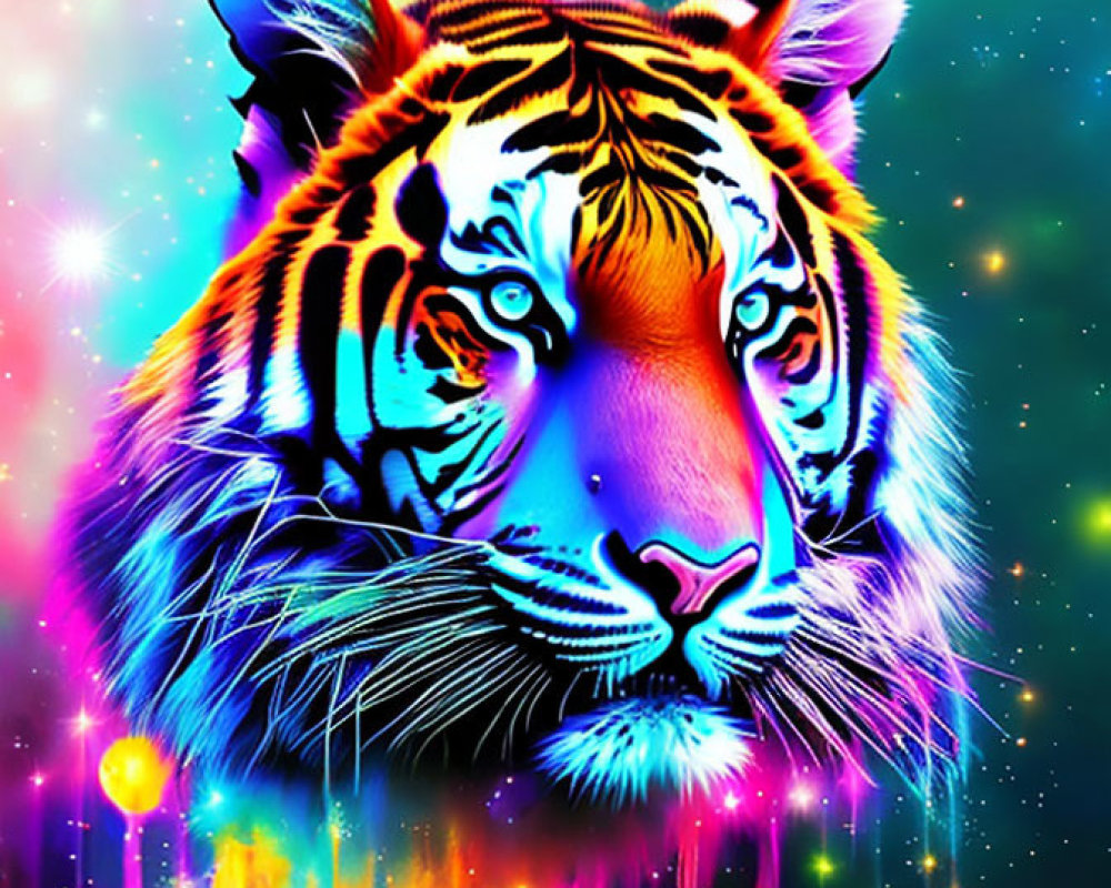 Colorful Tiger Face Artwork with Neon Glow on Cosmic Background