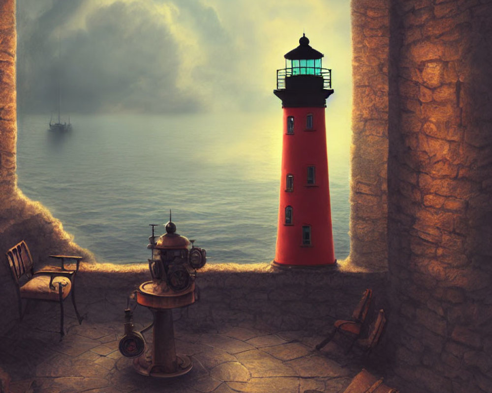 Surreal image of cozy viewing area with red lighthouse, ship, and misty sea