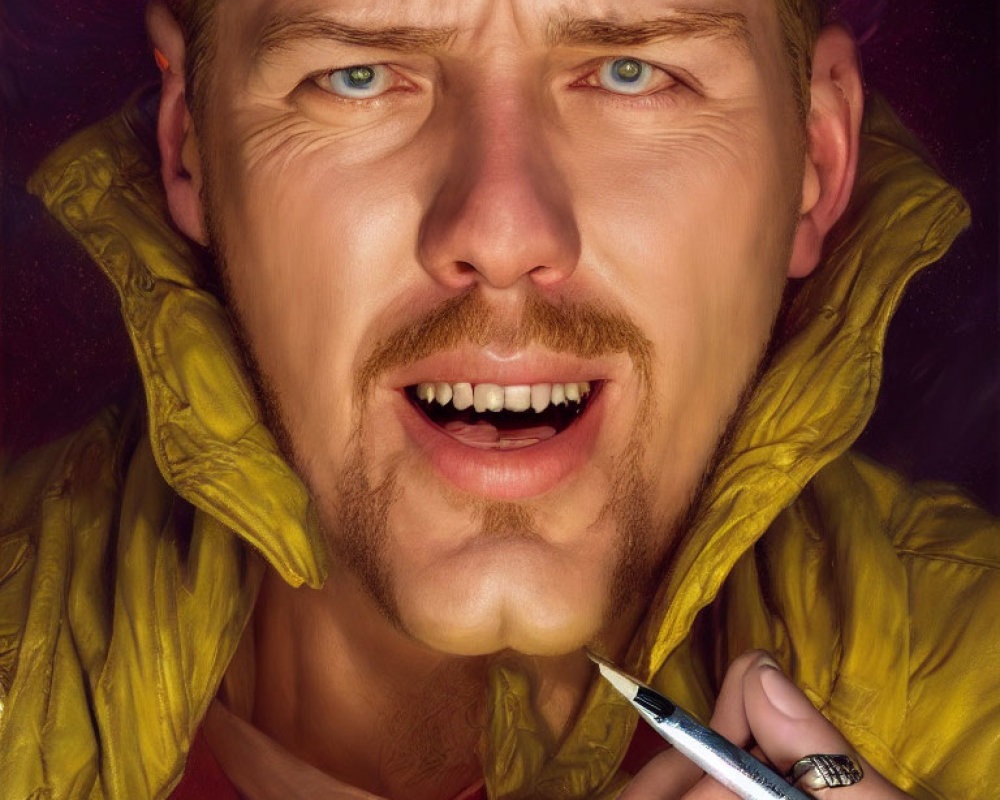 Person with Blue Eyes in Yellow Jacket Surprised Expression Close-Up