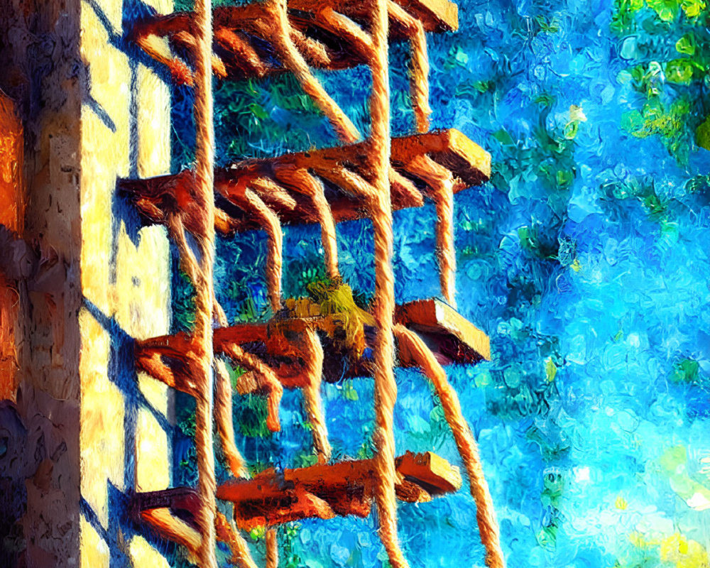 Impressionistic painting of rope ladder on vibrant, textured backdrop