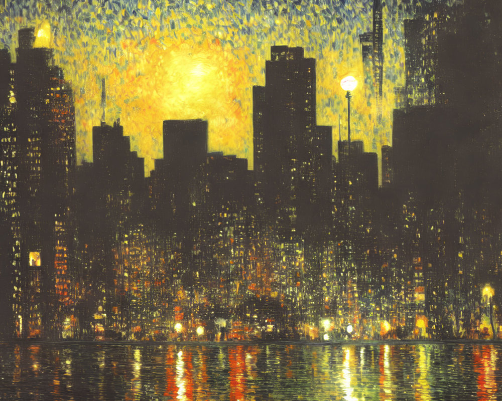 Impressionistic nighttime cityscape painting with glowing moon and shimmering reflections