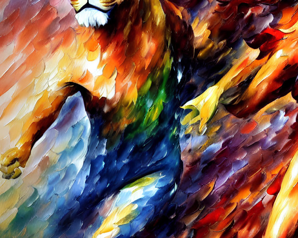 Colorful Lion Painting with Human-Like Body Running on Textured Background