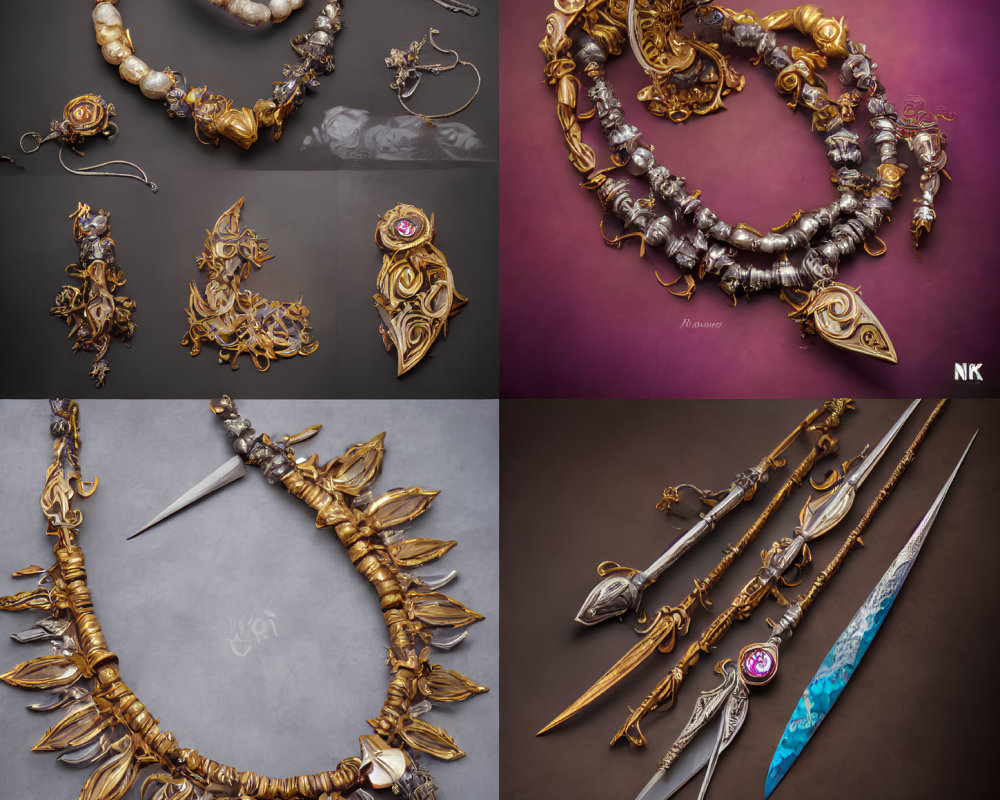 Fantasy-themed weapon designs and ornate jewelry with golden detailing.