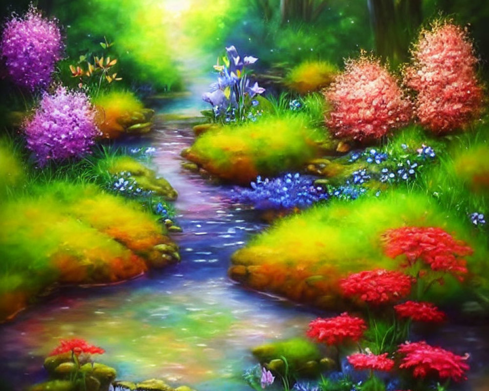 Colorful painting of serene stream in lush landscape with blooming flowers