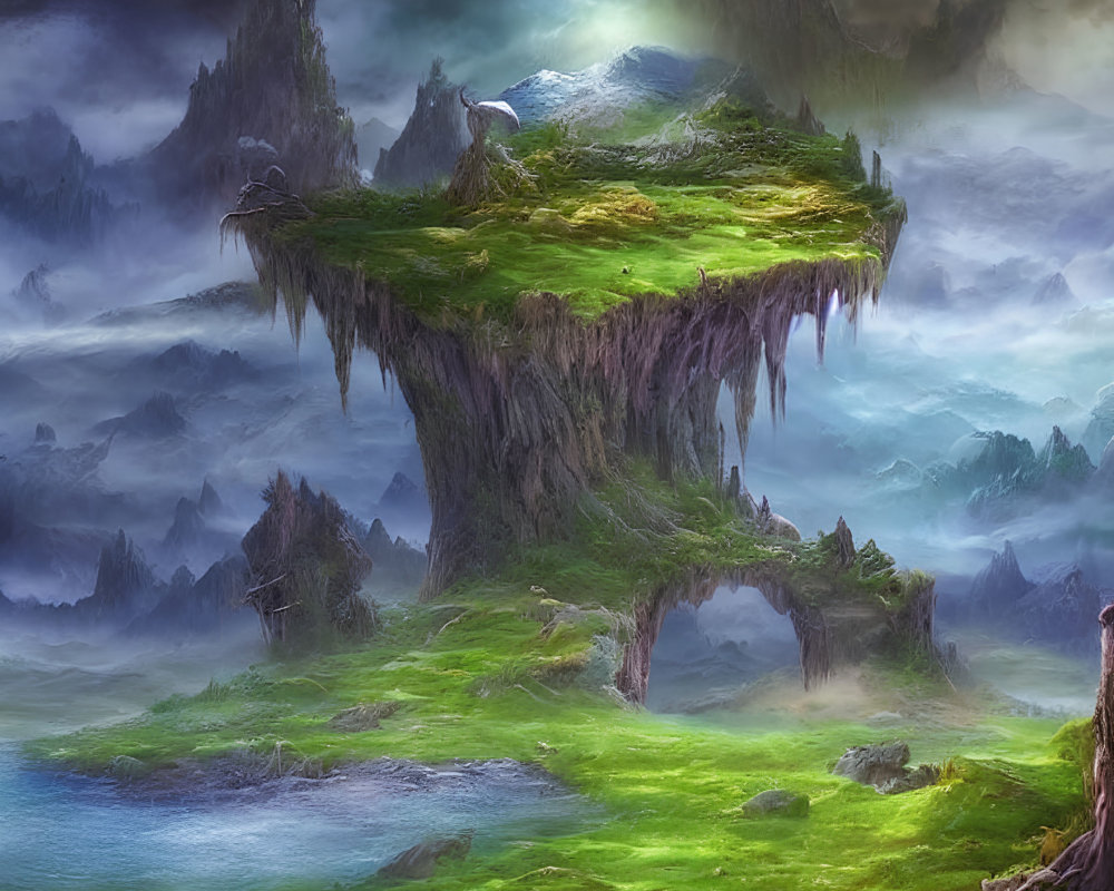 Fantastical landscape with floating islands and lush greenery