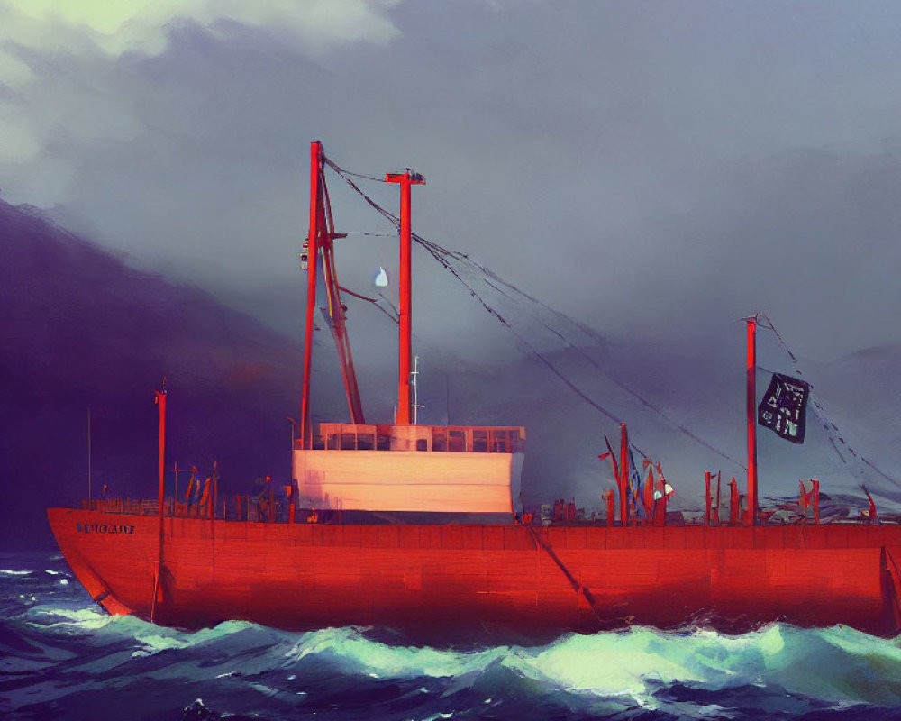 Red Cargo Ship with Two Cranes in Stormy Sea with Pirate Flag