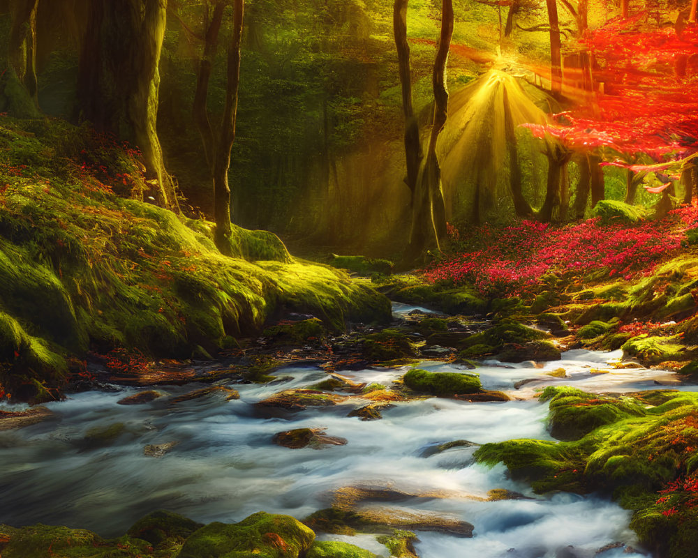 Forest stream illuminated by sun rays amidst vibrant autumn leaves