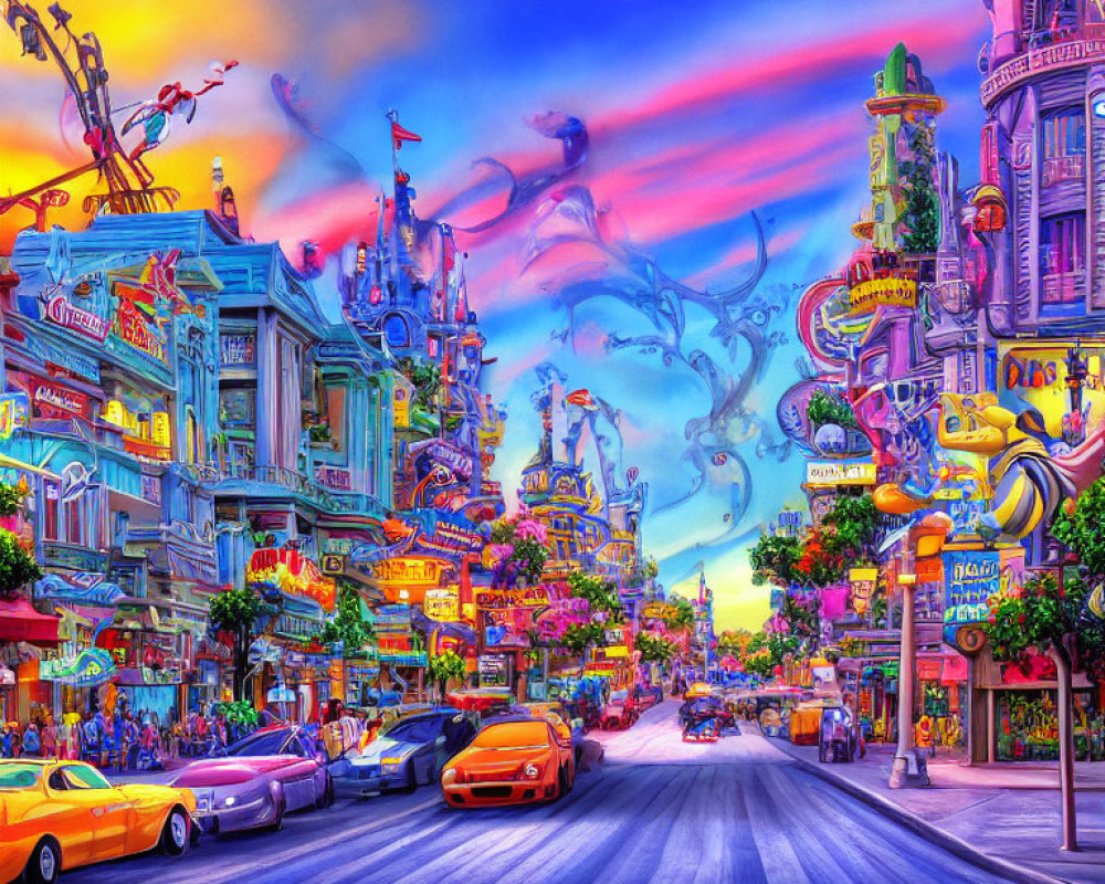 Colorful fantasy street scene with whimsical buildings and sleek cars under a dreamlike sky