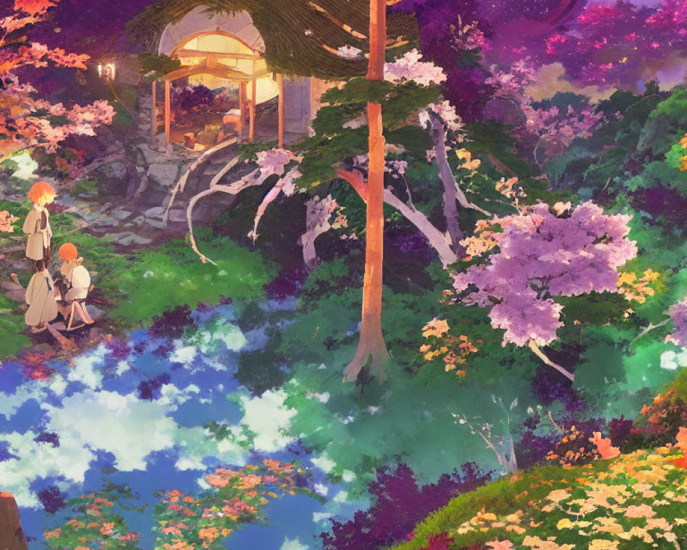 Colorful illustration of two people in lush garden with blooming trees and gazebo