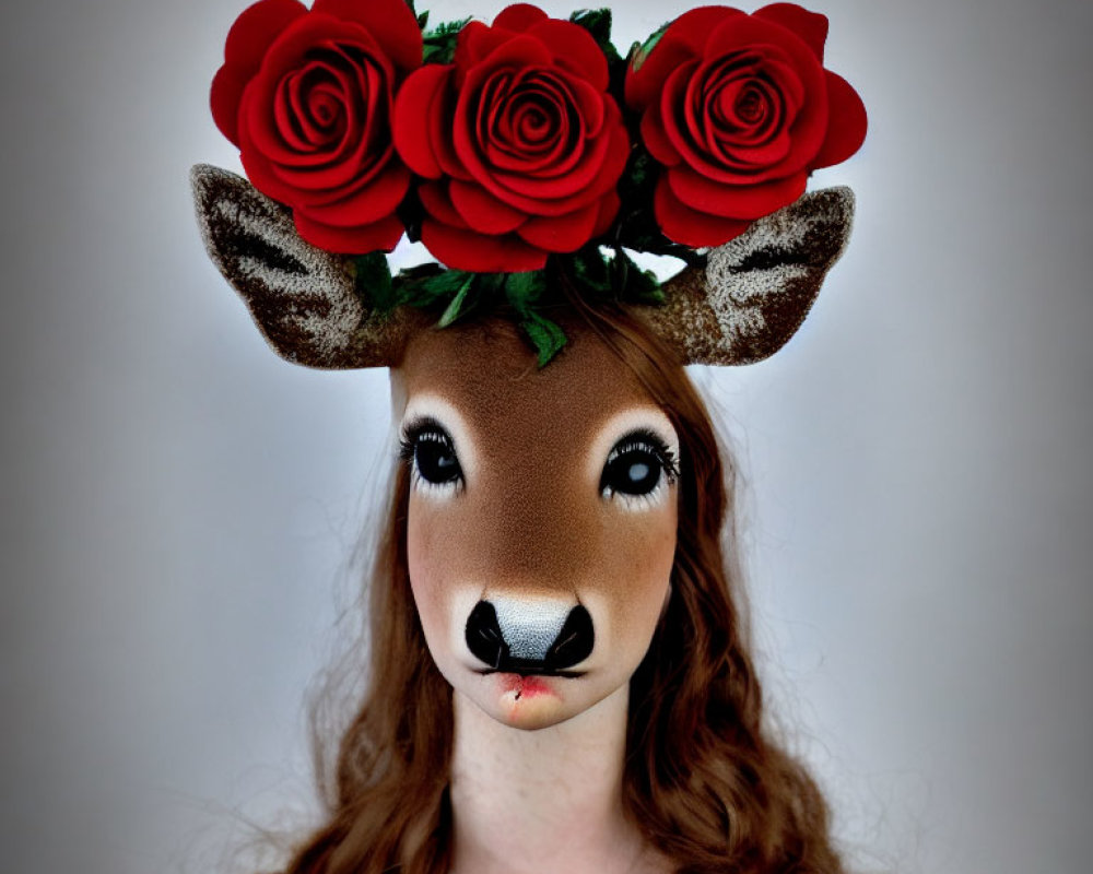 Person in Deer Mask with Antlers and Red Rose Crown on Gray Background