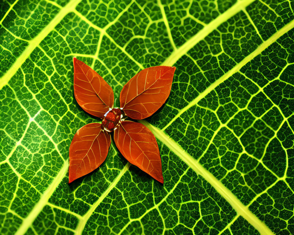 Red Five-Petaled Flower on Large Green Leaf with Veins