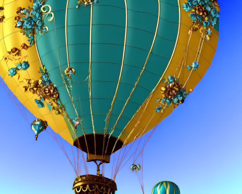 Vibrant hot air balloon with intricate designs in blue sky