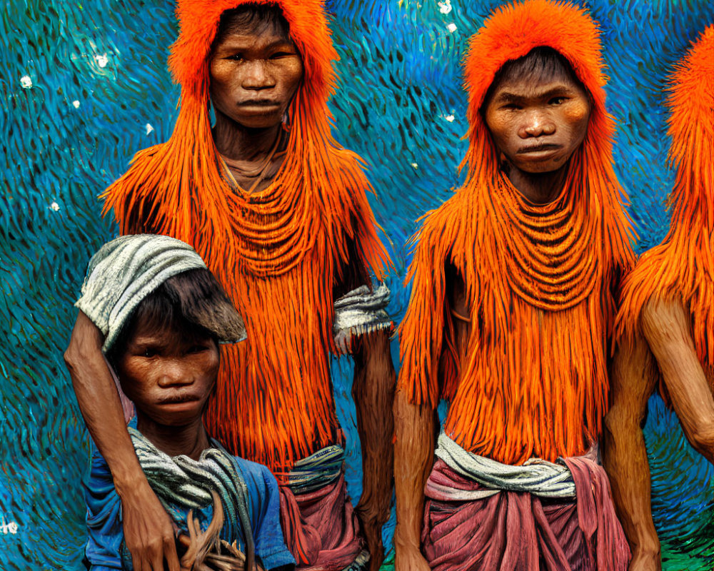 Four individuals in vibrant orange attire against peacock feather backdrop