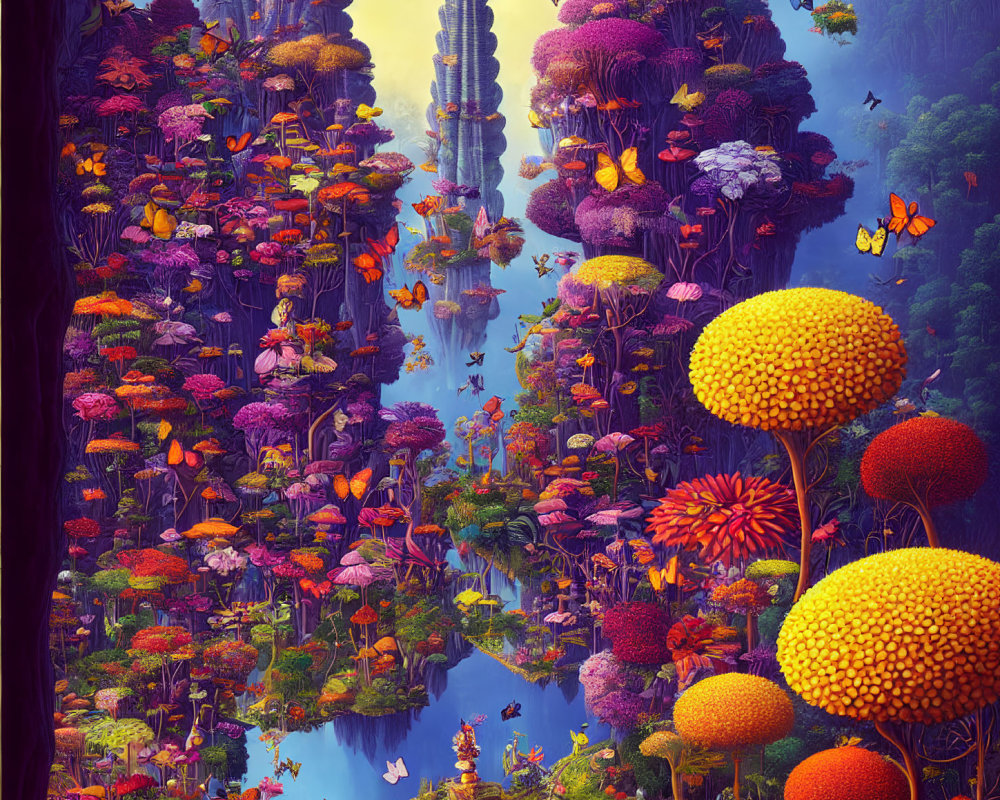 Vibrant oversized flora and butterflies in a fantastical forest