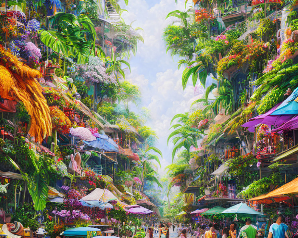 Futuristic market street with vertical gardens and colorful stalls