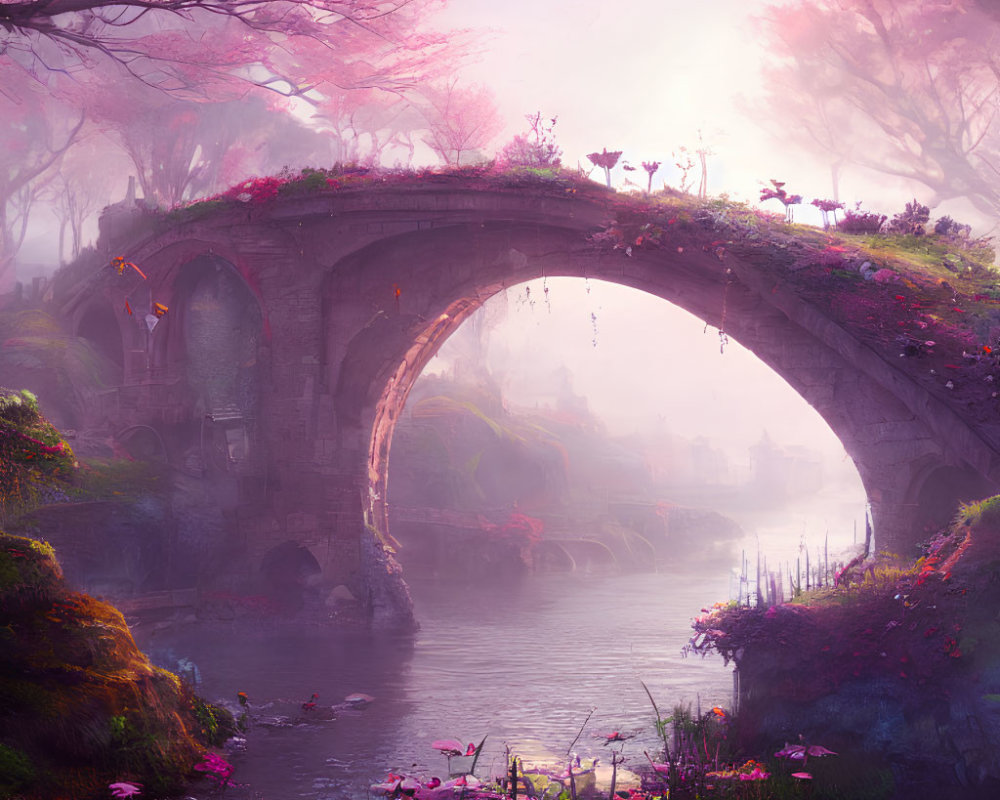 Stone bridge over tranquil river with pink blossoms and mystical light in foggy landscape