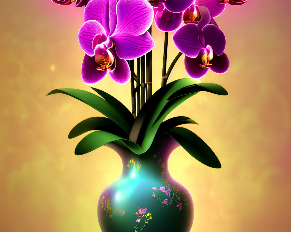 Purple orchids in glossy green vase on warm glowing background