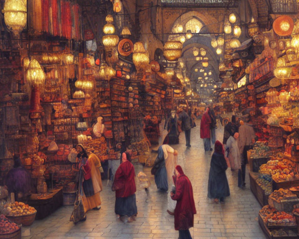 Indoor marketplace with vibrant stalls selling lamps, textiles, and fruits