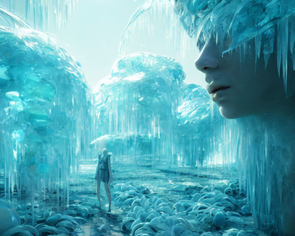 Icy landscape with blue foliage, stalactites, and solitary figure.