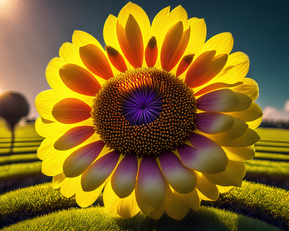 Bright yellow sunflower in agricultural field under clear sky