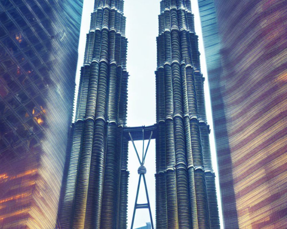 Iconic Petronas Twin Towers at Twilight with Connecting Bridge and Skyscrapers