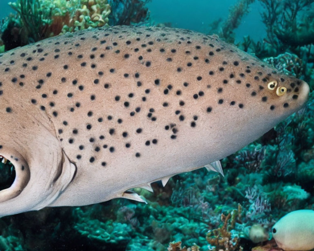 Spotted shark swimming near ocean floor with coral reefs.