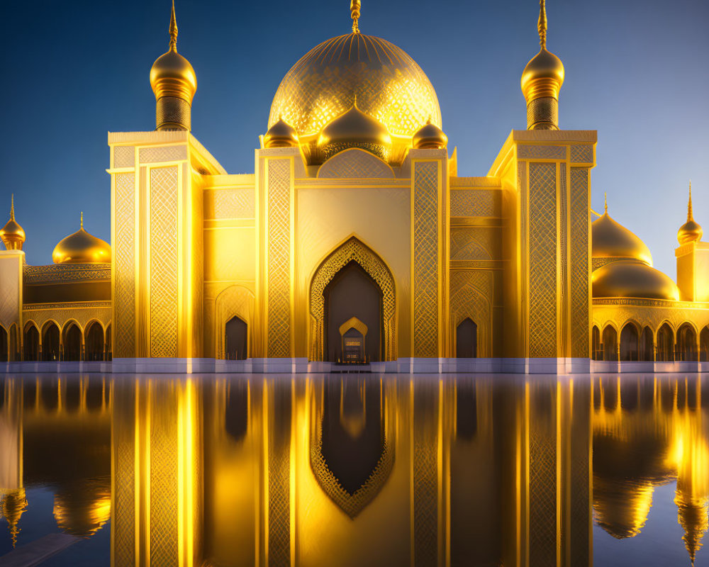 Golden Mosque with Intricate Designs, Domes, and Minarets Reflected in Water at D