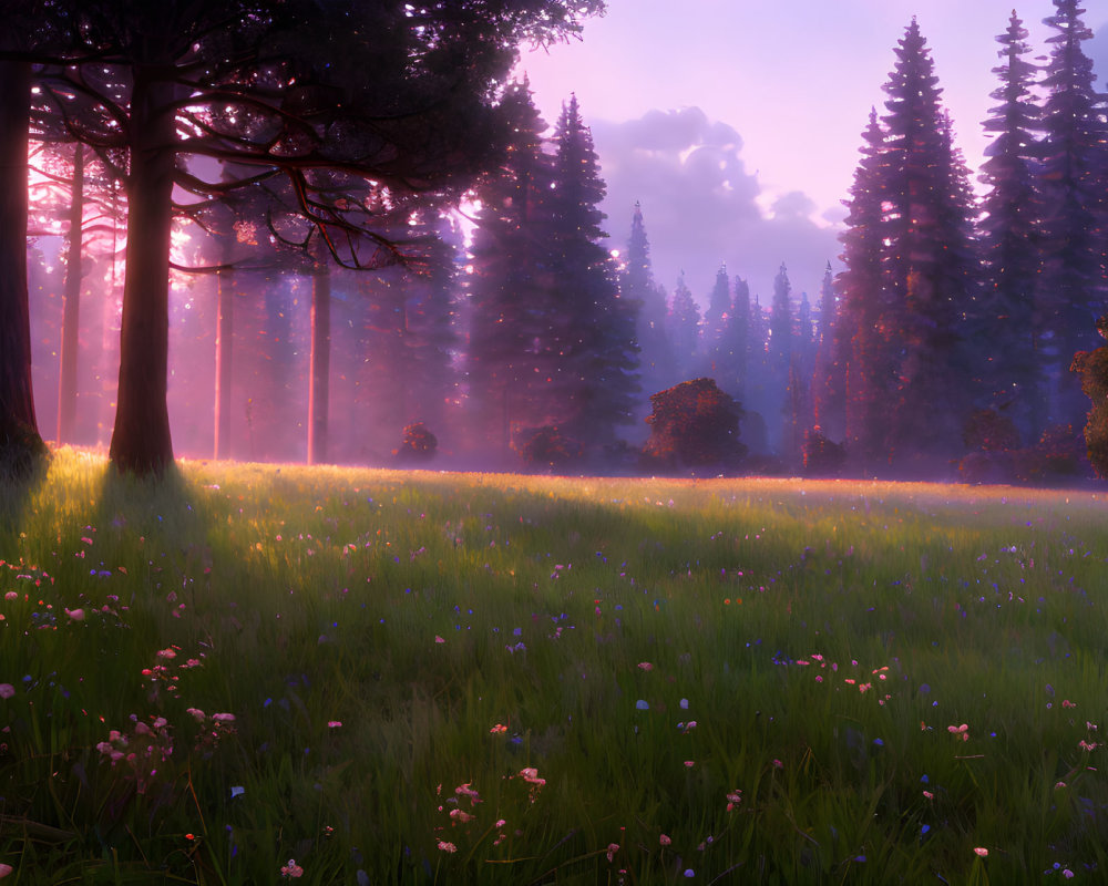 Tranquil forest glade at sunrise with sunlight filtering through tall trees