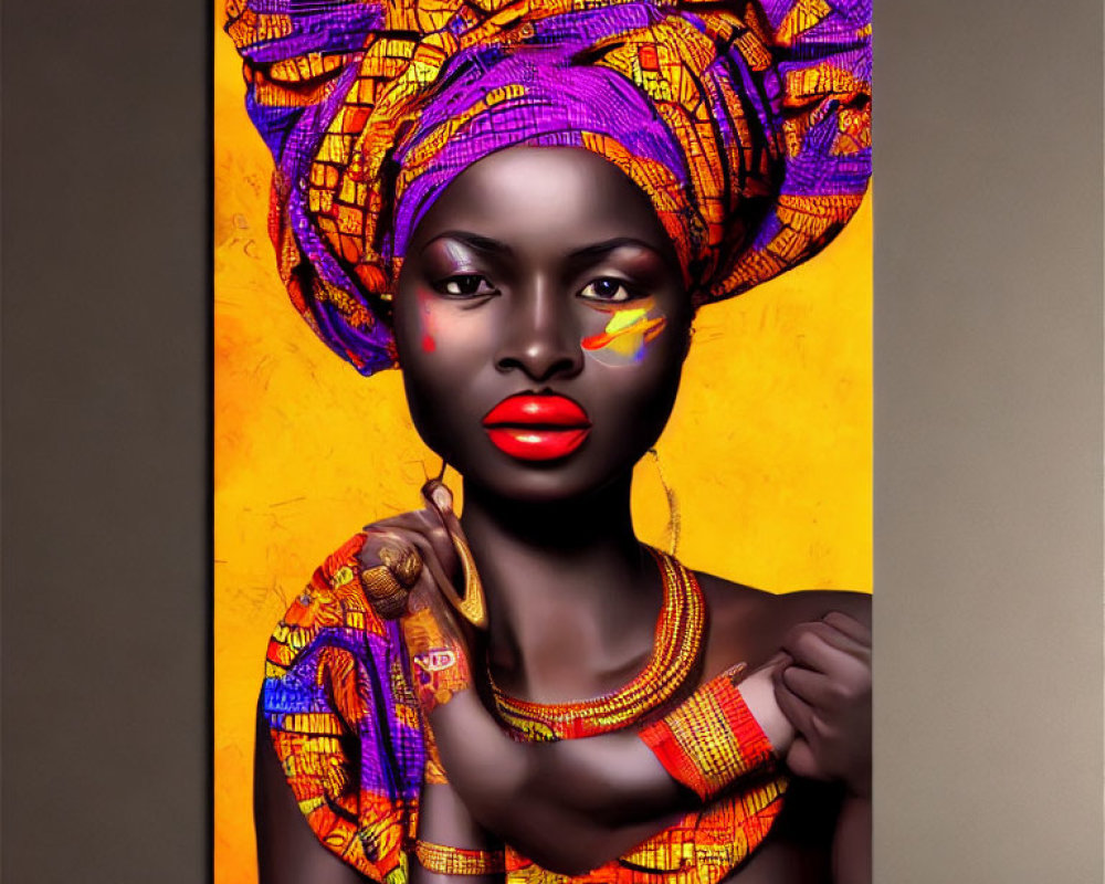 Vibrant portrait of woman in purple and orange headwrap with bold makeup against yellow background