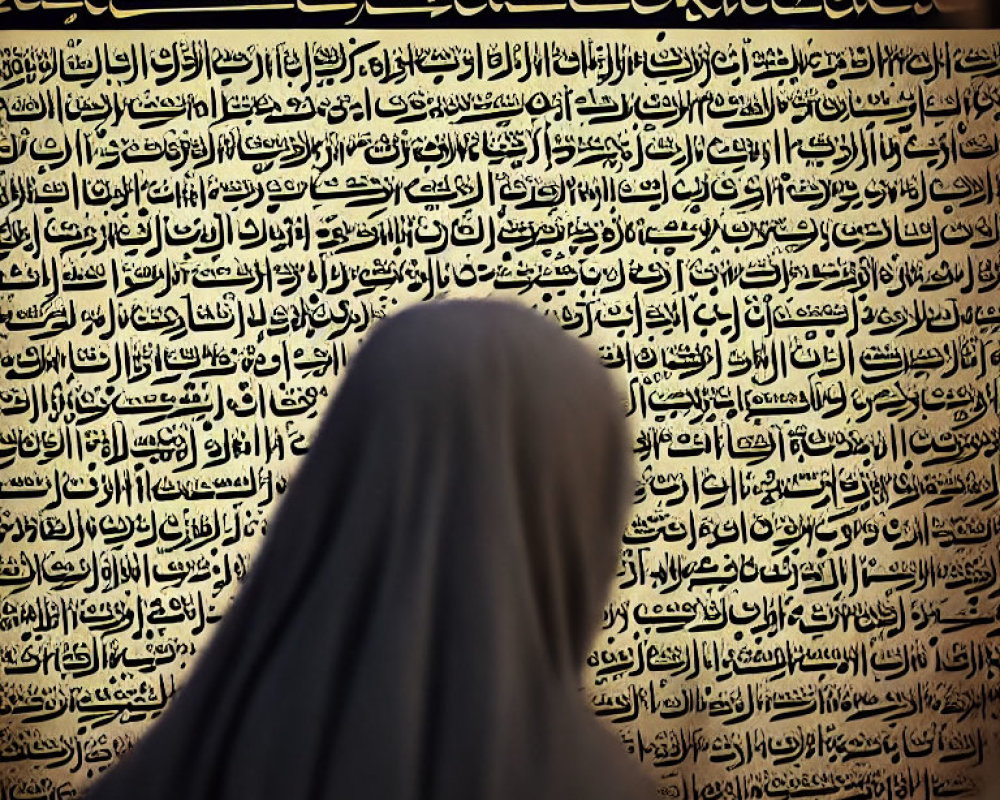 Person in headscarf admiring Arabic calligraphy on wall