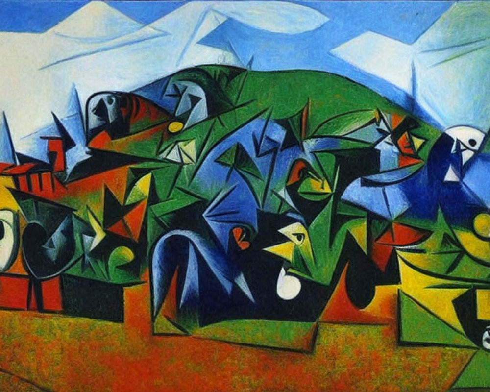 Colorful Abstract Painting with Geometric Shapes and Cubist Influence depicting Chaotic Landscape