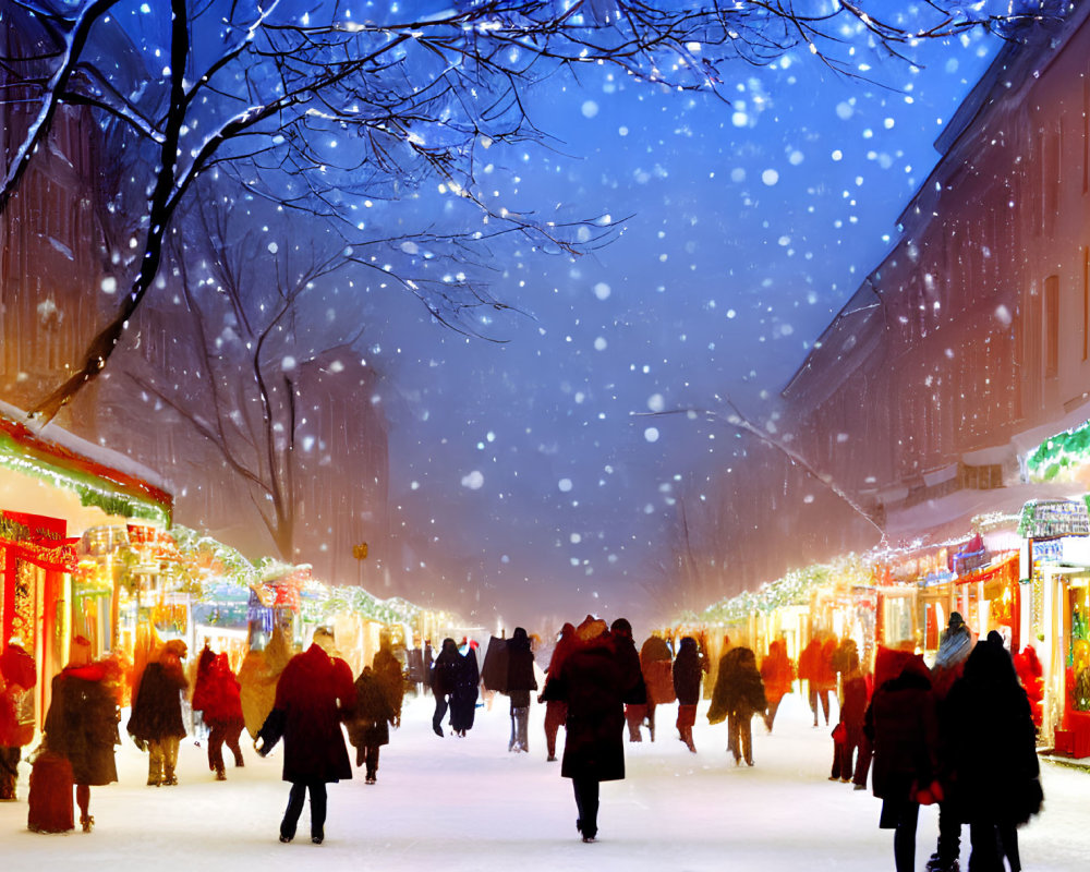 Festive holiday street scene with snowfall and shoppers