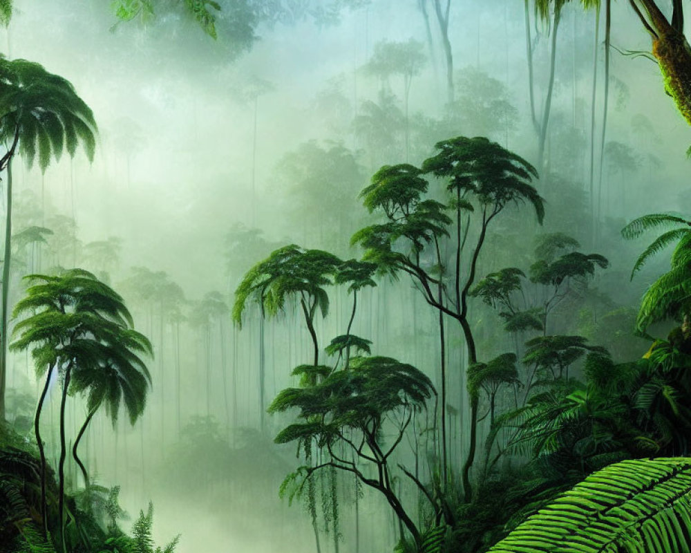 Serene misty rainforest with towering trees and ferns