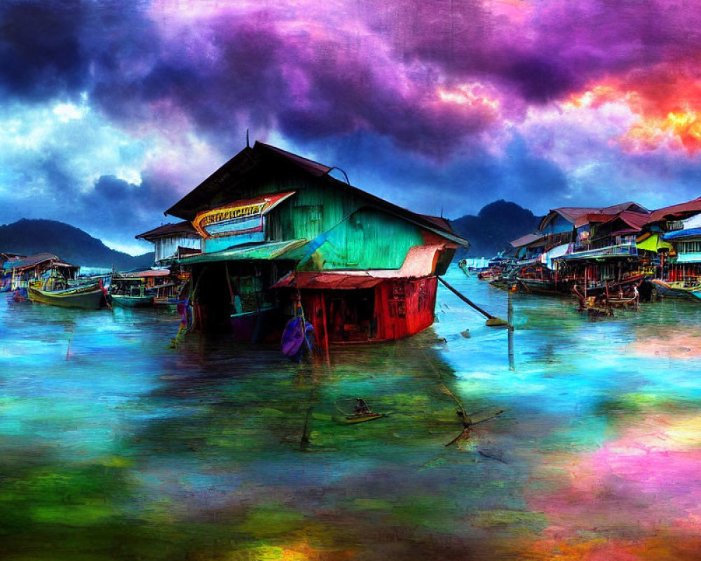 Vibrant stilt houses on water under stormy sky with moored boats