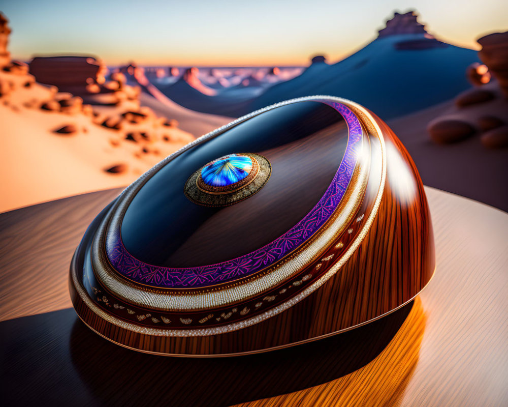 Ornate Oval-shaped Object Against Desert Landscape