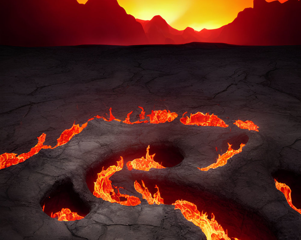 Sunset lava flows through cracks in dark landscape with silhouetted mountains