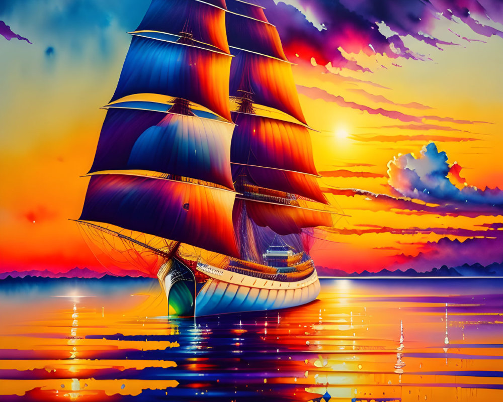 Colorful Digital Artwork: Sailing Ship on Reflective Ocean at Sunset