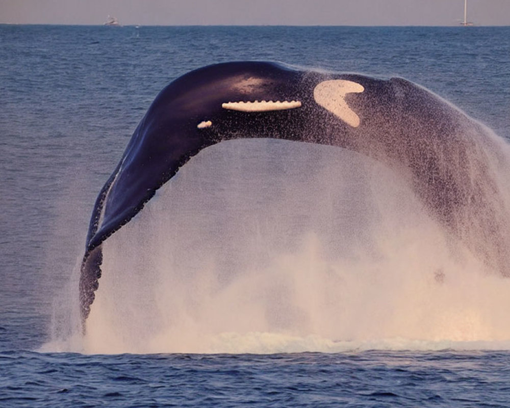 Humpback whale arching back above ocean surface with cascading water.