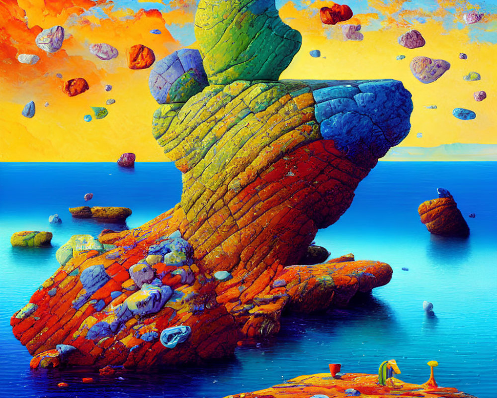 Colorful Floating Rocks and Cactus Stone in Surreal Landscape