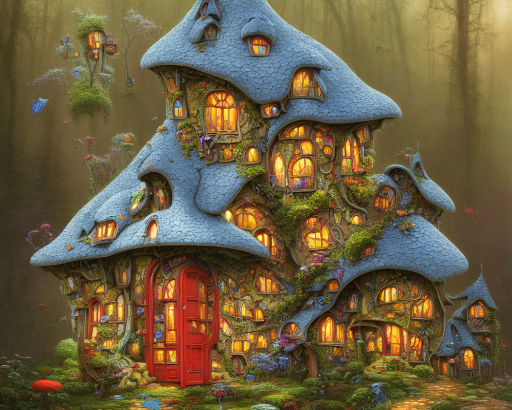 Enchanting fairytale house in misty forest with red door and colorful mushrooms