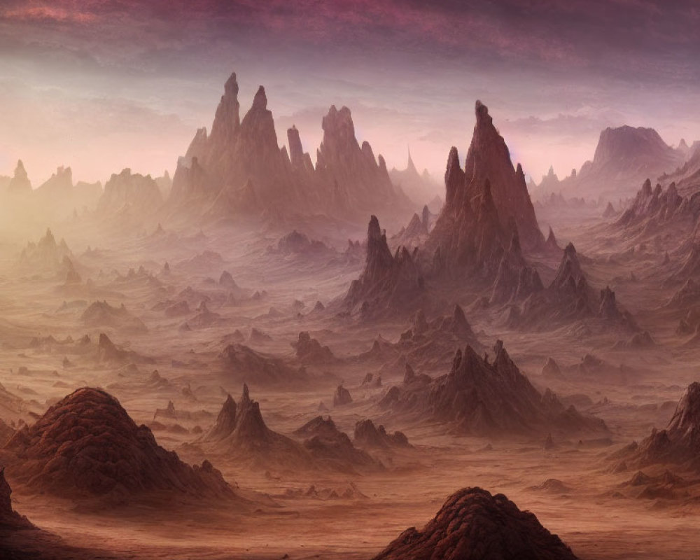 Alien landscape with rocky spires under surreal purple sky